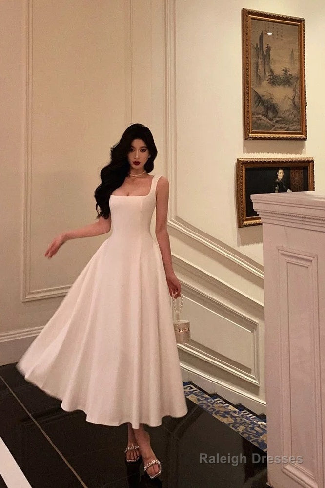 Sexy A Line Straps Sleeveless White Tea Length Prom Dresses Birthday Outfits Main image