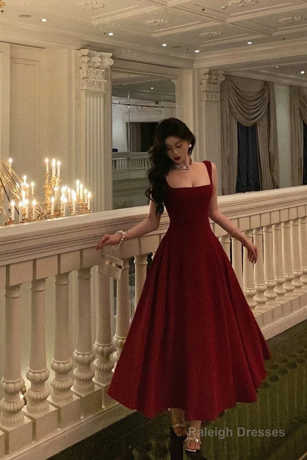 Sexy A Line Straps Wine Red Ankle Length Prom Dresses,Wine Red Formal Dress Main image