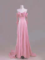 Sexy A Line Sweetheart Pink Satin Long Prom Dress Evening Dress Formal Dress