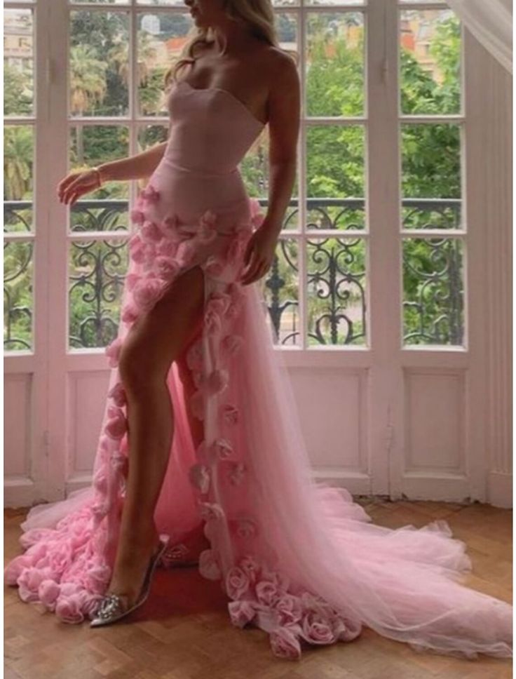 A-Line Sweetheart Sleeveless Prom Dresses Pink Slit Flowers Prom Dresses
