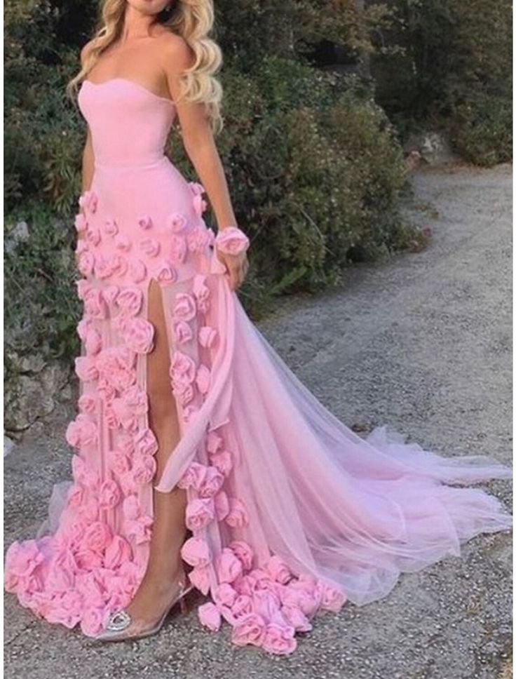 A-Line Sweetheart Sleeveless Prom Dresses Pink Slit Flowers Prom Dresses