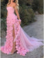 A-Line Sweetheart Sleeveless Prom Dresses Pink Slit Flowers Prom Dresses