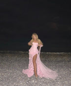 A-Line Sweetheart Sleeveless Prom Dresses Pink Slit Flowers Prom Dresses