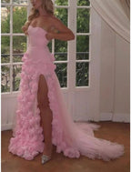 A-Line Sweetheart Sleeveless Prom Dresses Pink Slit Flowers Prom Dresses
