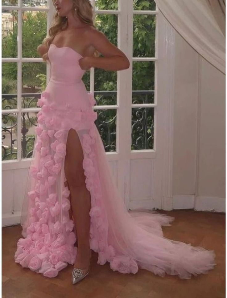 A-Line Sweetheart Sleeveless Prom Dresses Pink Slit Flowers Prom Dresses