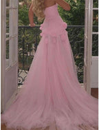 A-Line Sweetheart Sleeveless Prom Dresses Pink Slit Flowers Prom Dresses