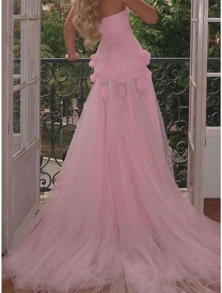 A-Line Sweetheart Sleeveless Prom Dresses Pink Slit Flowers Prom Dresses