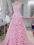 A-Line Sweetheart Sleeveless Prom Dresses Pink Slit Flowers Prom Dresses