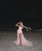 A-Line Sweetheart Sleeveless Prom Dresses Pink Slit Flowers Prom Dresses