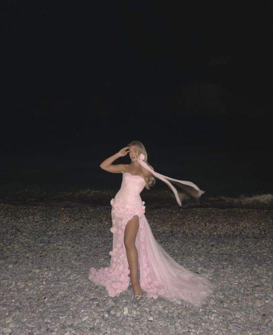 A-Line Sweetheart Sleeveless Prom Dresses Pink Slit Flowers Prom Dresses