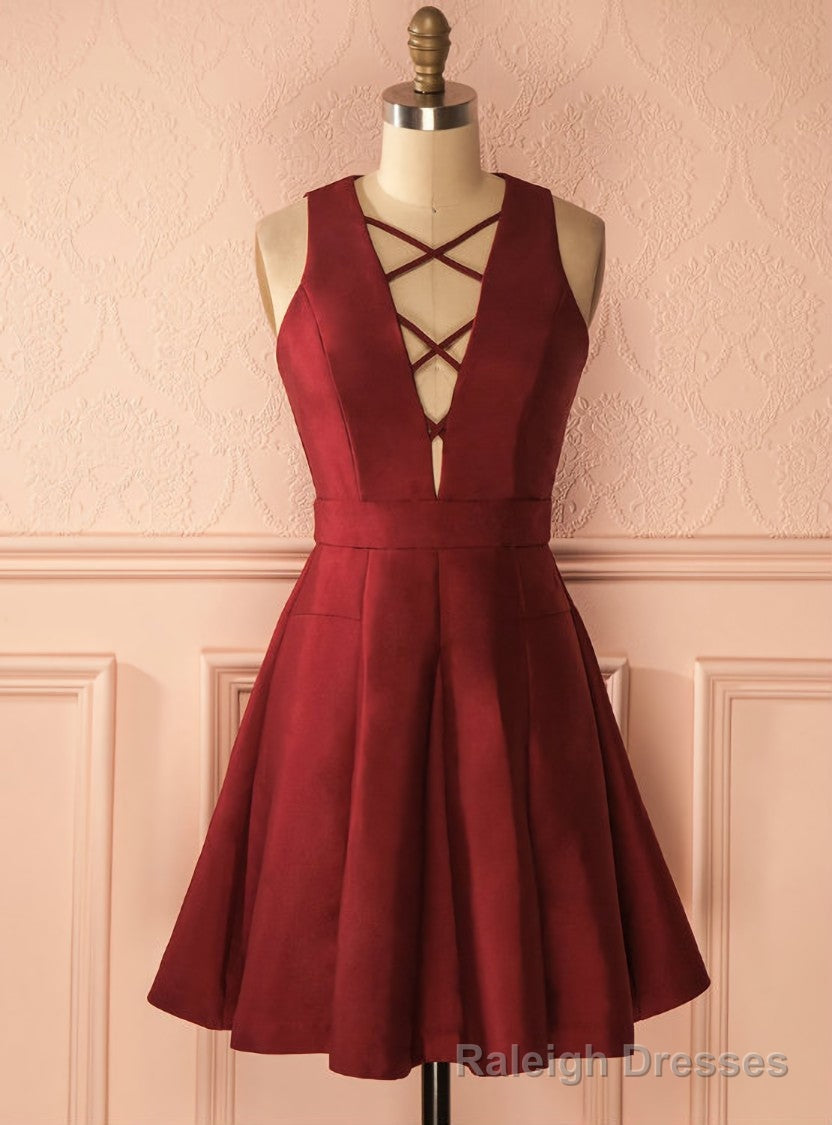 Sexy A Line V Neck Sleeveless Burgundy Short Homecoming Prom Dress