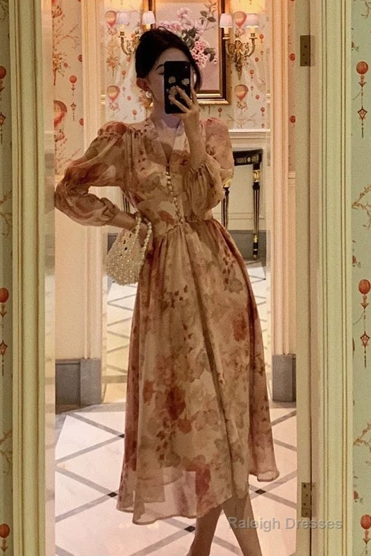 Sexy A Line V Neckline Long Sleeves Pink Floral Prom Dresses Birthday Outfits Evening Gown