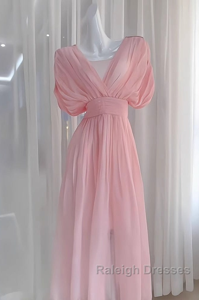 Sexy A Line V Neckline Ruffled Pink Chiffon Beach Dress WomenS Vacation Dresses