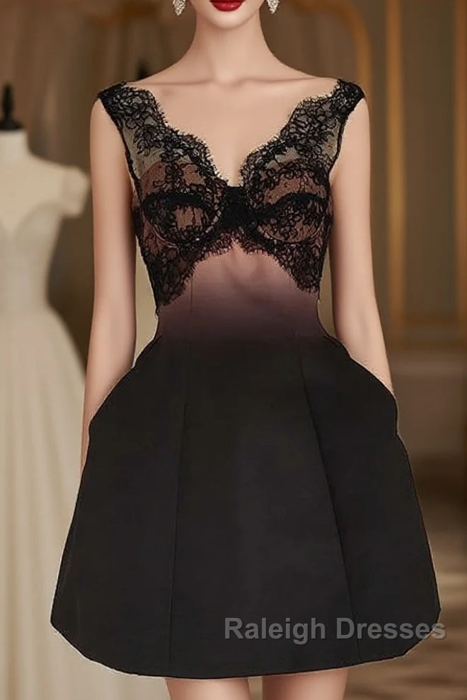 Sexy A Line V Neckline Satin Lace Vacation Dresses Short Birthday Dress Main image