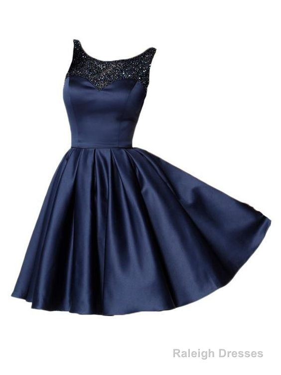 Backless Beaded Navy Short Cheap Homecoming Dress