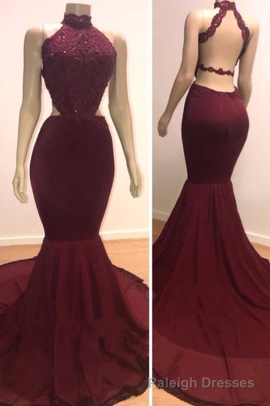 Sexy Backless Halter Mermaid Prom Dress Burgundy Long Chiffon Backless