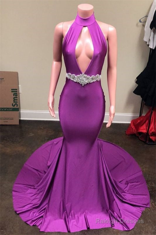 Sexy Backless Long Sweep Train Elastic Purple Prom Dress Main image