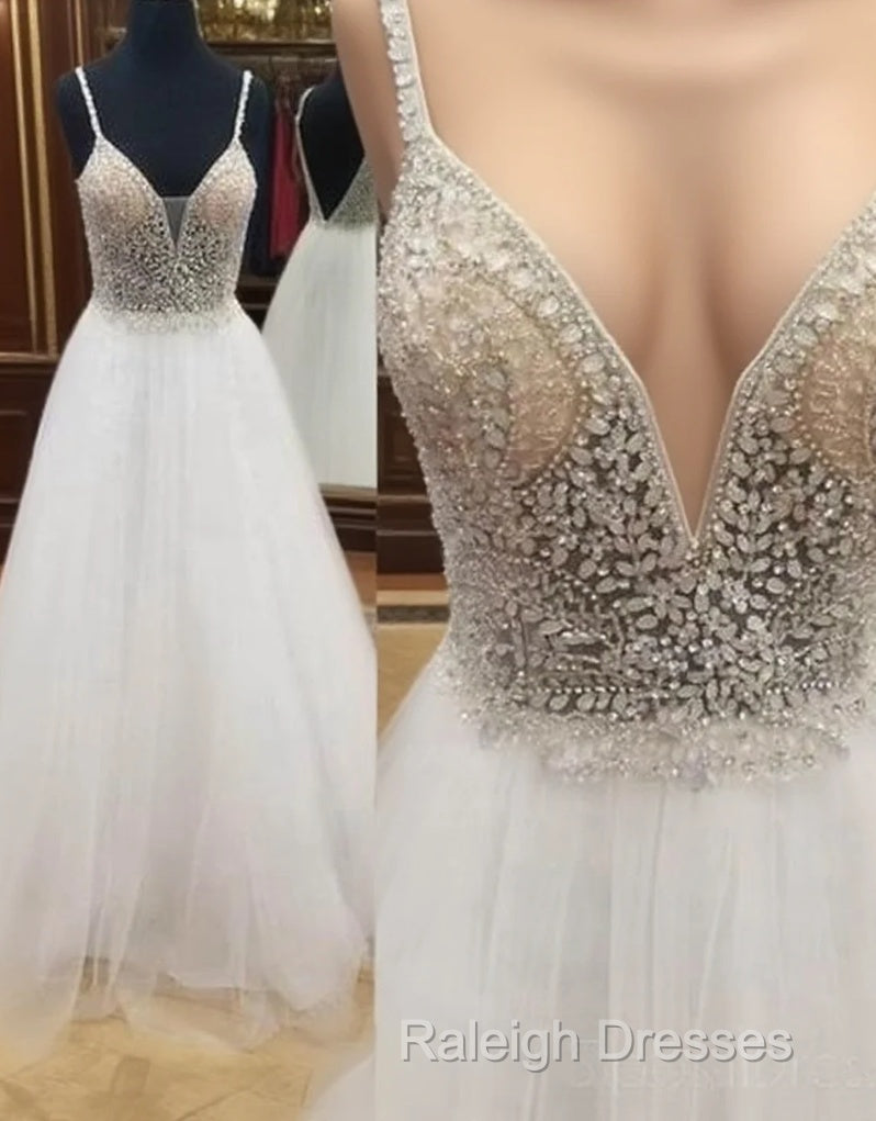 Sexy Backless V Neck White Beaded A-Line Long Evening Prom Dresses Main image