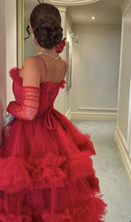 Ball Gowns Long Straps Red Tulle Prom Dress