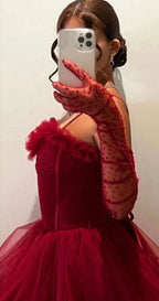 Ball Gowns Long Straps Red Tulle Prom Dress