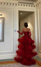 Ball Gowns Long Straps Red Tulle Prom Dress