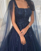 Ball Gowns Navy Blue Tulle Long Sequin Prom Dress Long Prom Dresses