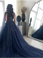 Ball Gowns Navy Blue Tulle Long Sequin Prom Dress Long Prom Dresses