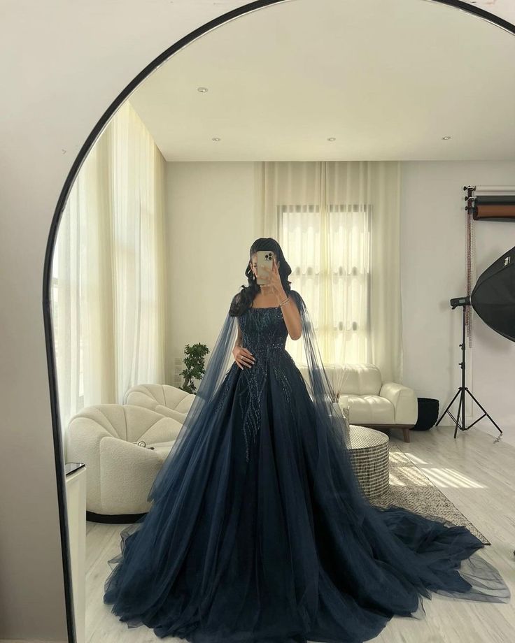 Ball Gowns Navy Blue Tulle Long Sequin Prom Dress Long Prom Dresses