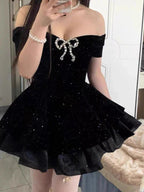 Ball Gowns Off The Shoulder Black Velvet Short Prom 8Th Grade Homecoming Dress Summer Middle School Hoco Dresses 6Th Grade Graduation Outfits