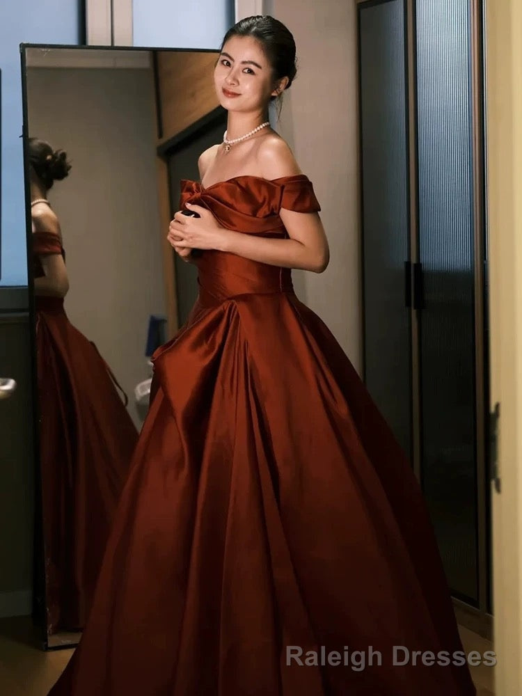 Sexy Ball Gown Off The Shoulder Satin Rust Red Floor Length Evening Dress Prom Dresses