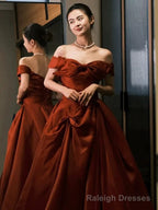 Sexy Ball Gown Off The Shoulder Satin Rust Red Floor Length Evening Dress Prom Dresses