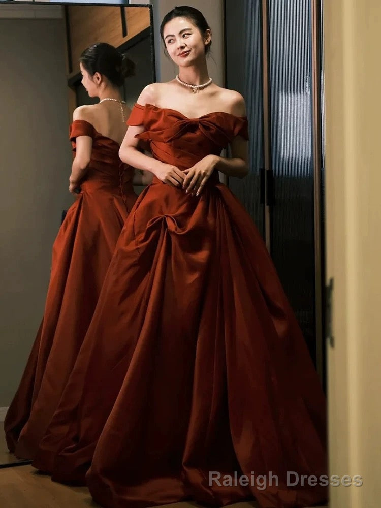 Sexy Ball Gown Off The Shoulder Satin Rust Red Floor Length Evening Dress Prom Dresses