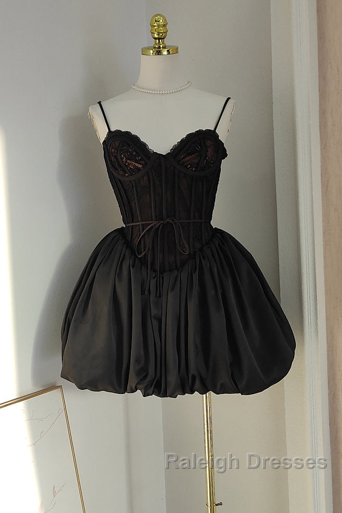 Sexy Ball Gown Spaghetti Straps Black Lace Travel Vacation Dresses Short Satin Birthday Dress Secondary image