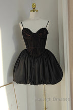 Sexy Ball Gown Spaghetti Straps Black Lace Travel Vacation Dresses Short Satin Birthday Dress