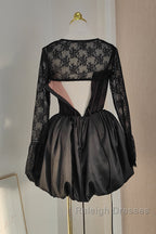 Sexy Ball Gown Spaghetti Straps Black Lace Travel Vacation Dresses Short Satin Birthday Dress