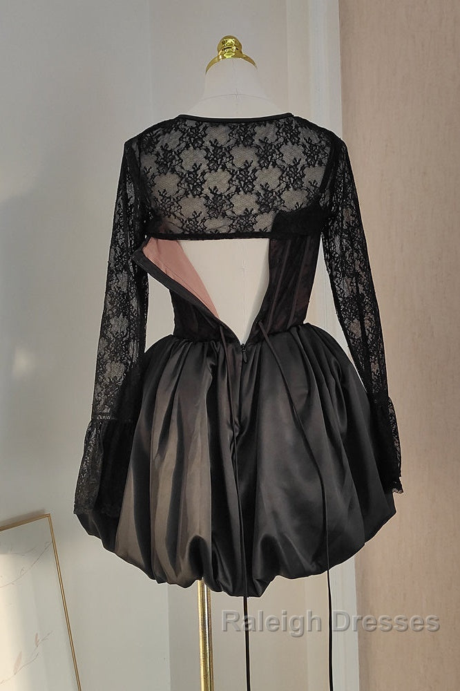 Sexy Ball Gown Spaghetti Straps Black Lace Travel Vacation Dresses Short Satin Birthday Dress