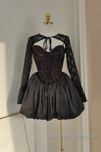 Sexy Ball Gown Spaghetti Straps Black Lace Travel Vacation Dresses Short Satin Birthday Dress