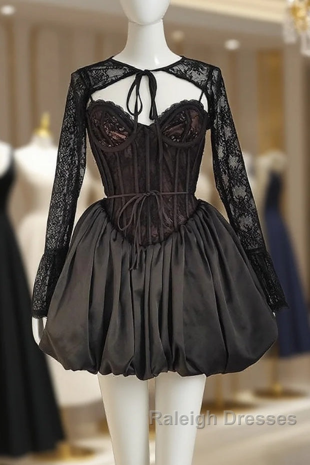 Sexy Ball Gown Spaghetti Straps Black Lace Travel Vacation Dresses Short Satin Birthday Dress Main image