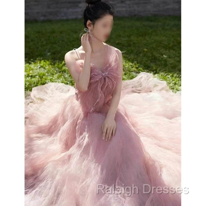 Sexy Ball Gown Spaghetti Straps Pink Tulle Evening Dress Prom Dresses