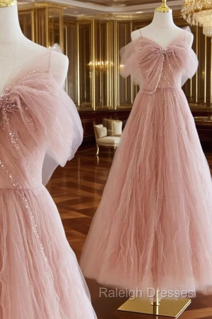 Sexy Ball Gown Spaghetti Straps Pink Tulle Evening Dress Prom Dresses