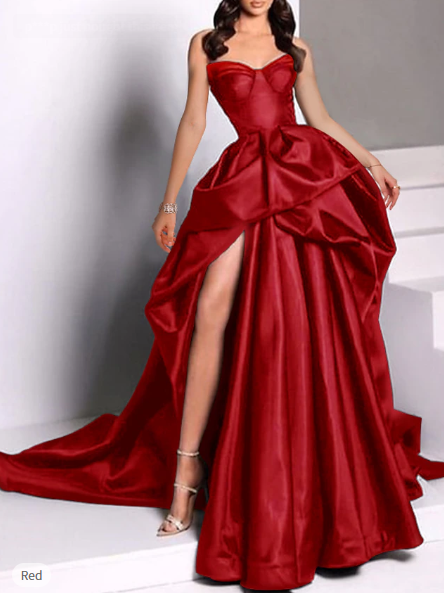 Ball Gowns Strapless Burgundy Long Slit Prom Dresses Prom Dress