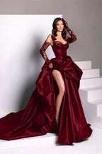 Ball Gowns Strapless Burgundy Long Slit Prom Dresses Prom Dress