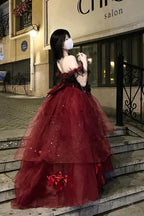 Sexy Ball Gown Strapless Burgundy Tulle Birthday Dresses Night Party Dress