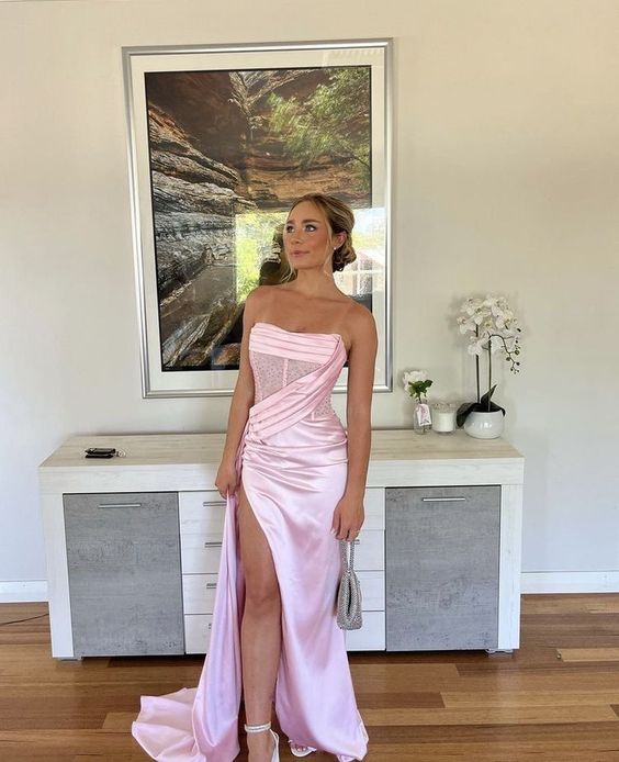 Sexy Birthday Dress Pink Strapless Formal Prom Dress Slit Birthday Outfits Secondary image