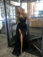 Black Lace Sequin Slit Prom Dresses Long Mermaid Prom Dresses