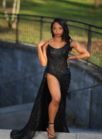 Black Lace Sequin Slit Prom Dresses Long Mermaid Prom Dresses