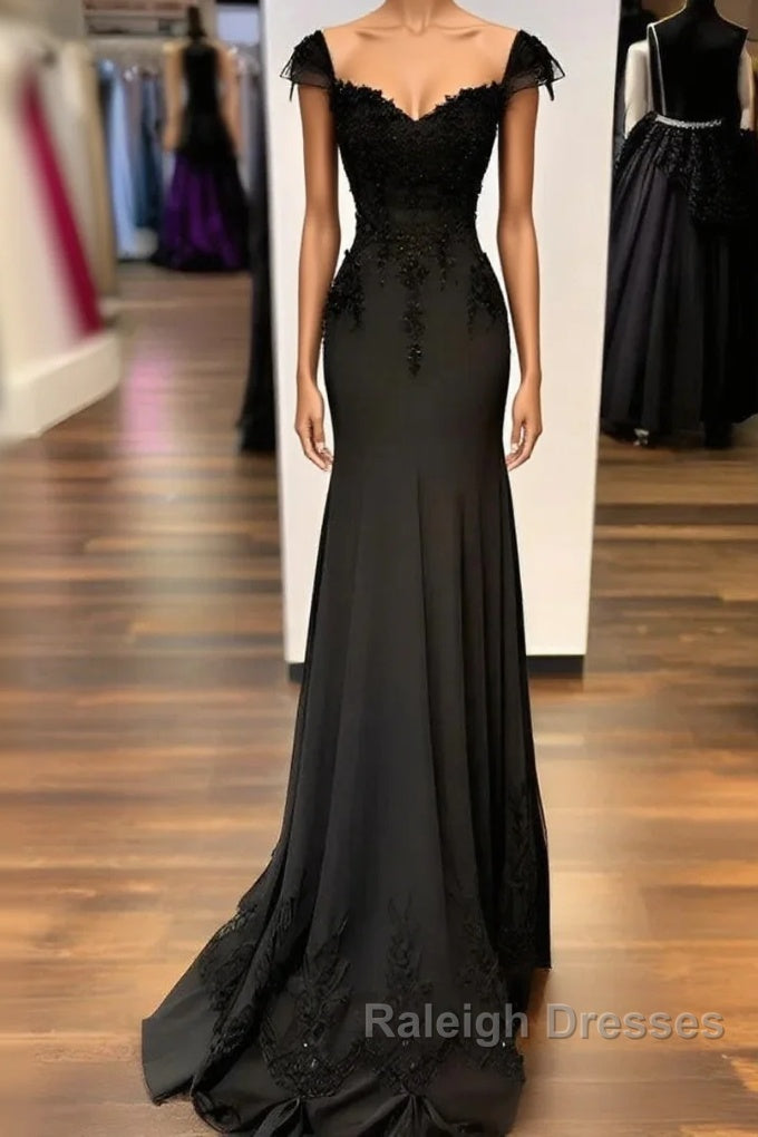 Black Mermaid Gown V Neck Chiffon Lace Prom Dresseses Main image
