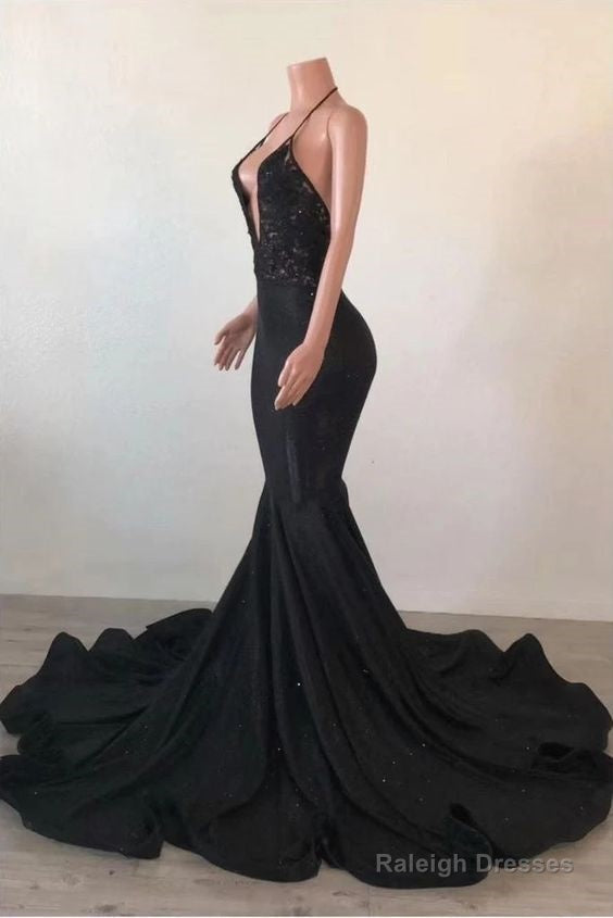 Black Mermaid Halter Backless Prom Dresses With Lace Top Main image