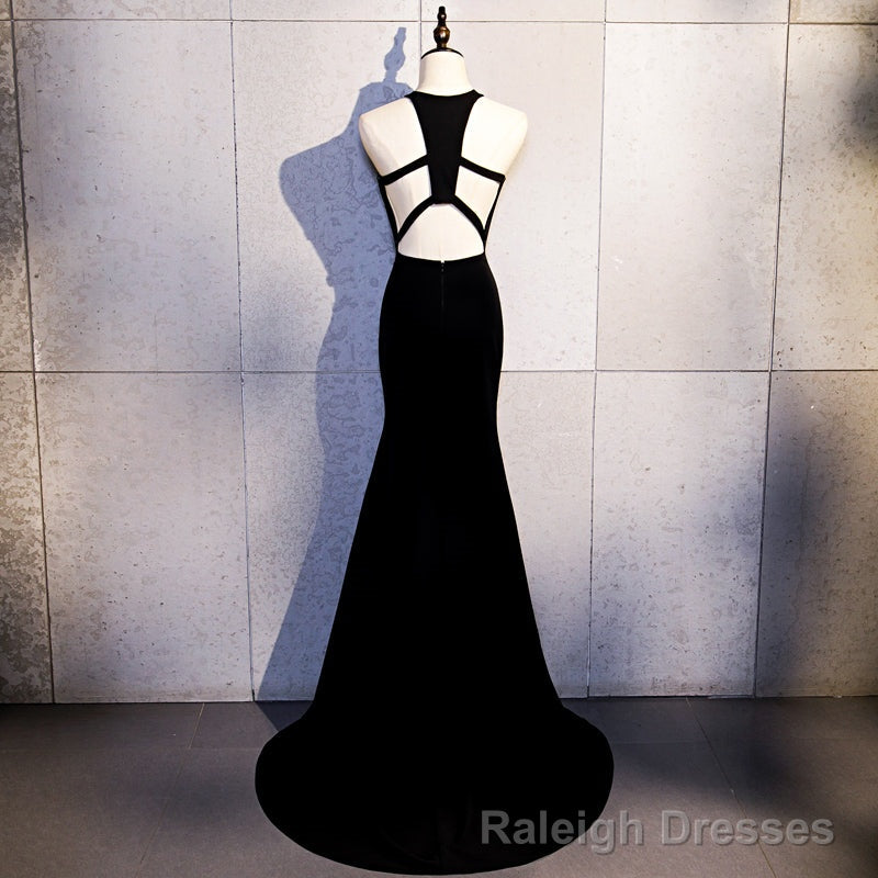 Sexy Black Mermaid Long Halter Prom Dress, Black Prom Dress