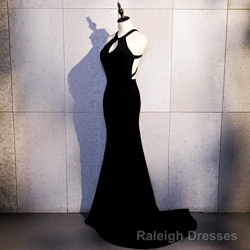 Sexy Black Mermaid Long Halter Prom Dress, Black Prom Dress Main image